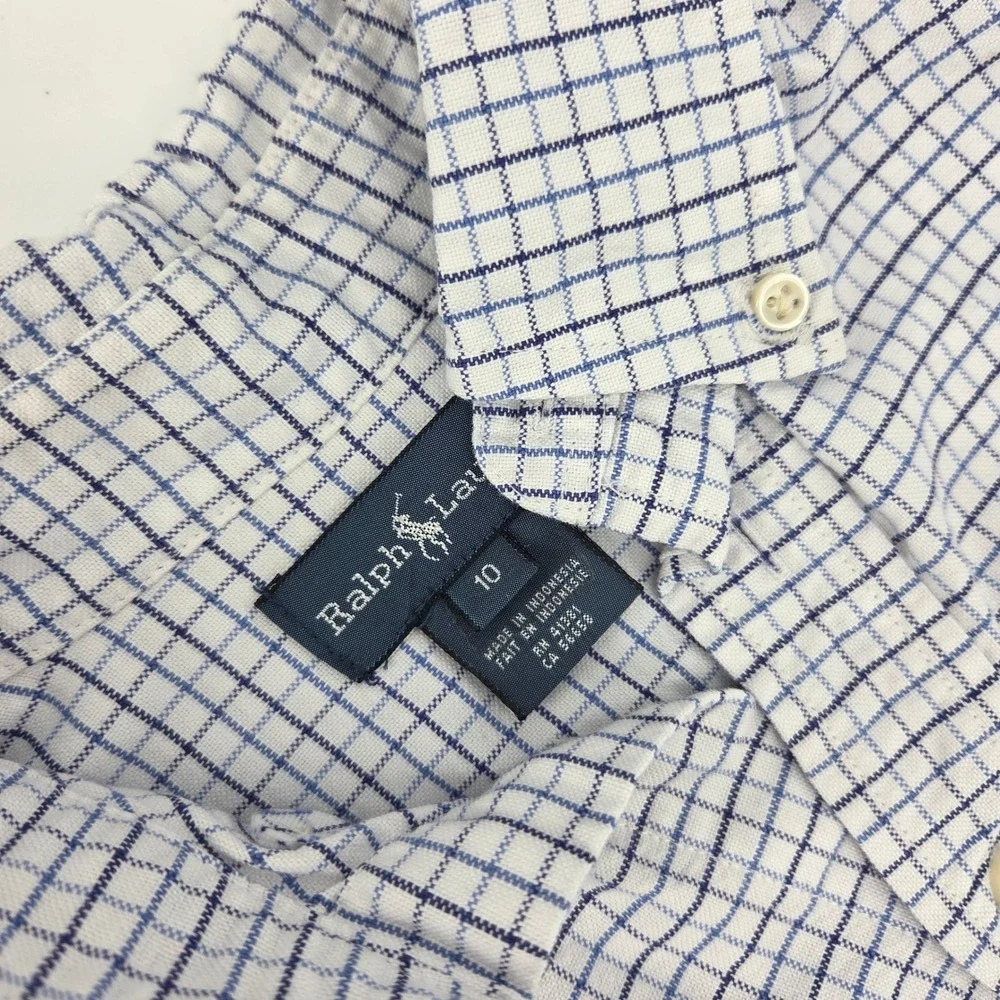 Ralph Lauren Button Down Shirt Boys 10 White Blue Check Preppy Academic Classic‎
